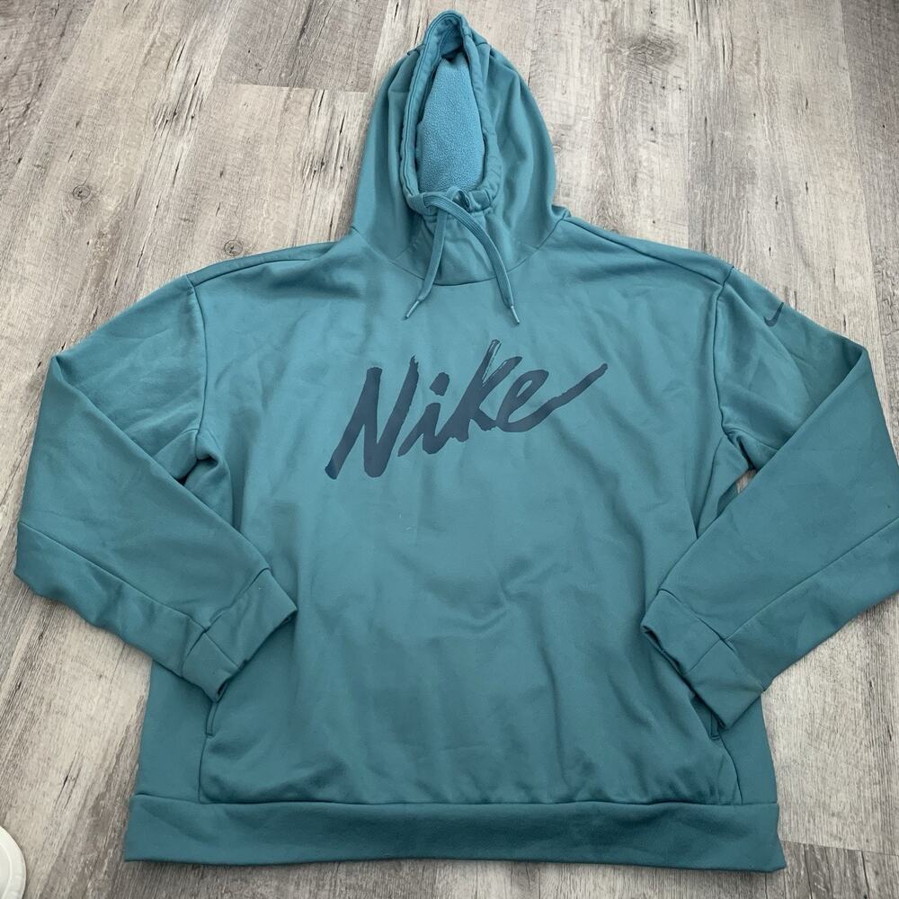 NIKE Therma Fit Logo Hoodie Womens Sz Small Teal Green Script Hooded Sweatshirt